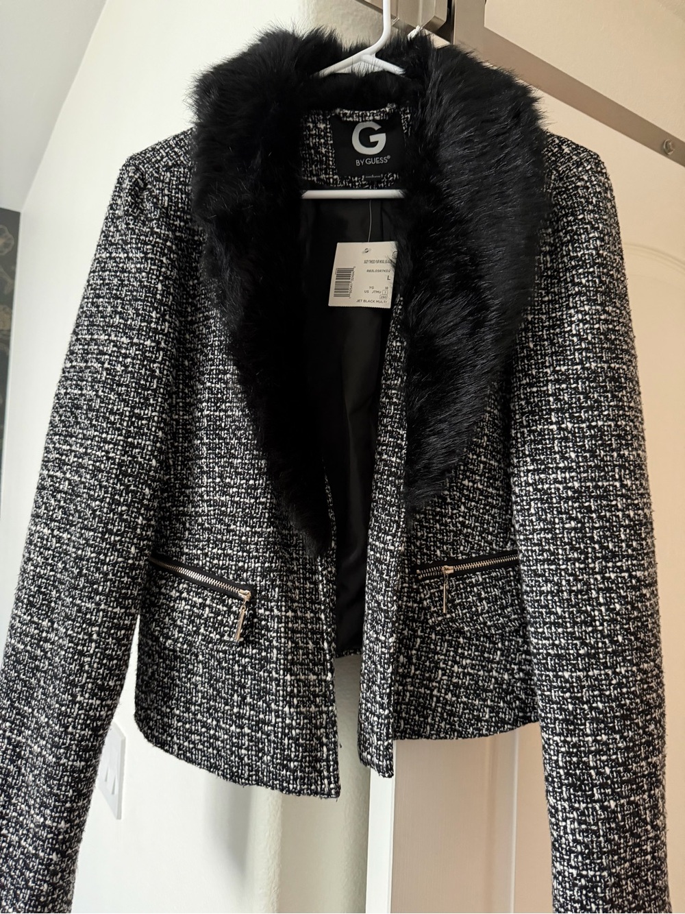Guess Black & White Blazer with Black Faux Fur Collar